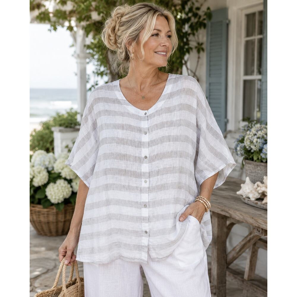 Cynthia Rowley 100% Linen Oversized Striped Button Front Top Coastal Medium